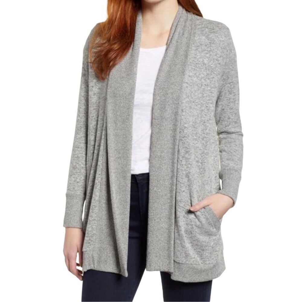 Gibson Women's Cozy Ribbed Soft Open Front Cardigan In Heather Gray‎ Sz X Small